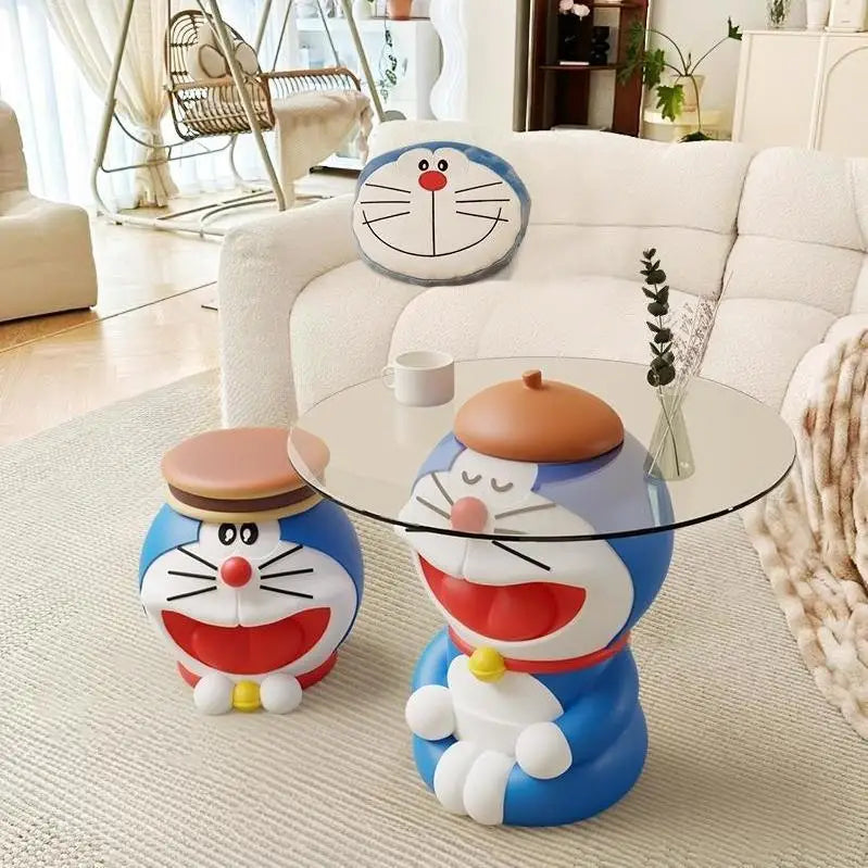Playful Character-Inspired Side Table with Glass Top – Cheerful Resin Figure Base for Living Room