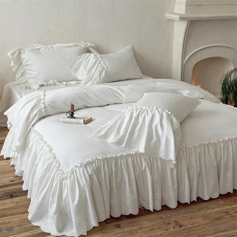 100% Cotton Pleated Ruffles Bedding Set – Elegant Duvet Cover and Sheet Set for Queen or King Size 2
