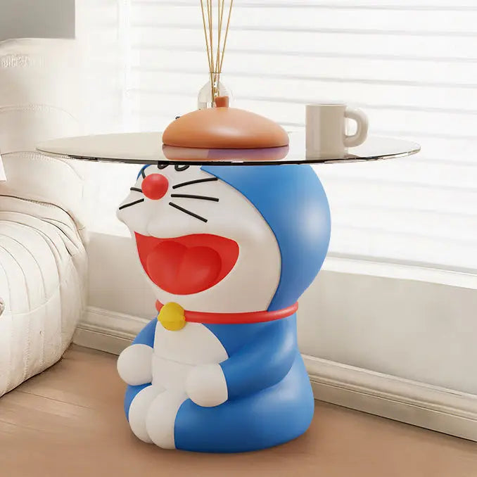 Playful Character-Inspired Side Table with Glass Top – Cheerful Resin Figure Base for Living Room