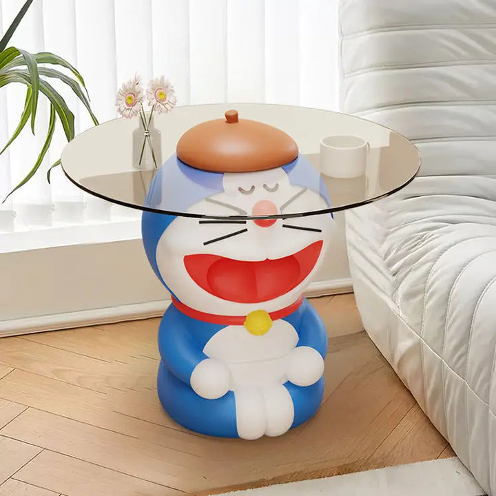 Playful Character-Inspired Side Table with Glass Top – Cheerful Resin Figure Base for Living Room