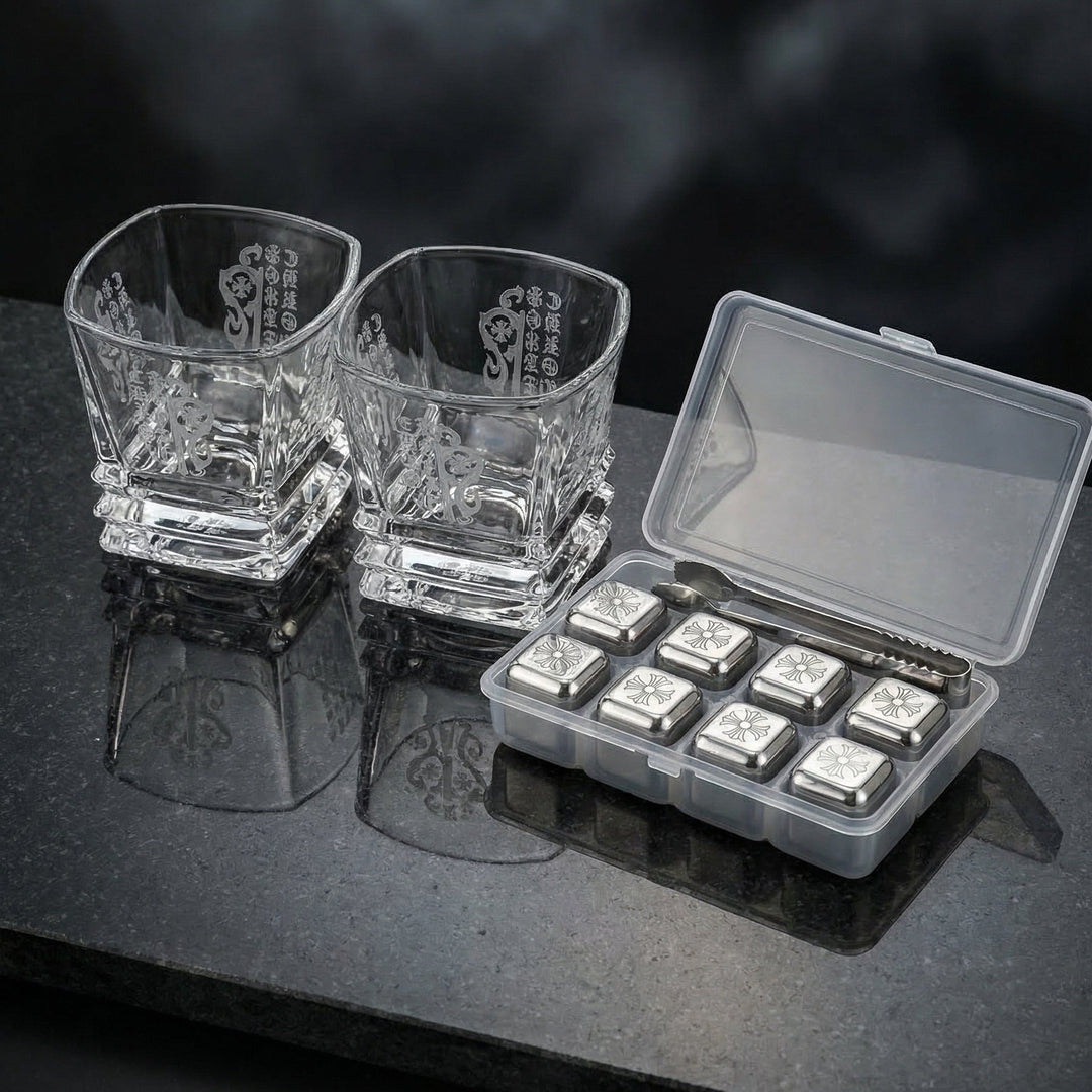 Luxury Midnight Manor whiskey gift set with two 300ml gothic glasses and laser-etched stainless steel cooling cubes on a black marble surface
