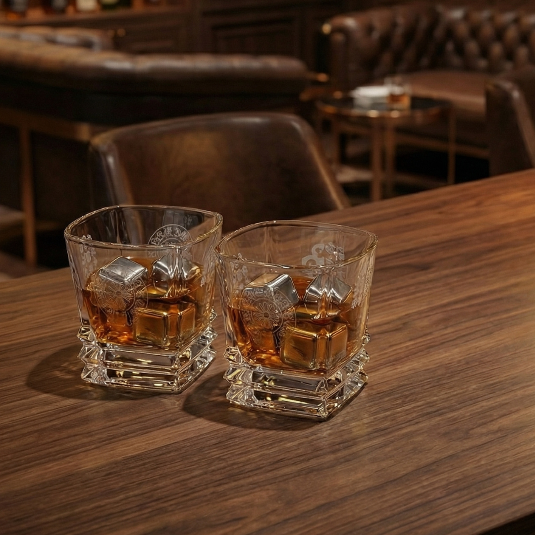 Manor Spirit Archive: Gothic Whiskey Glass & Laser-Etched Steel Cube Gift Set