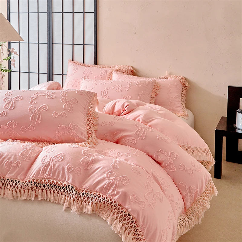 4-Piece Bow Tassel Bedding Set – Soft Duvet Covers for Queen or King Size Beds 6