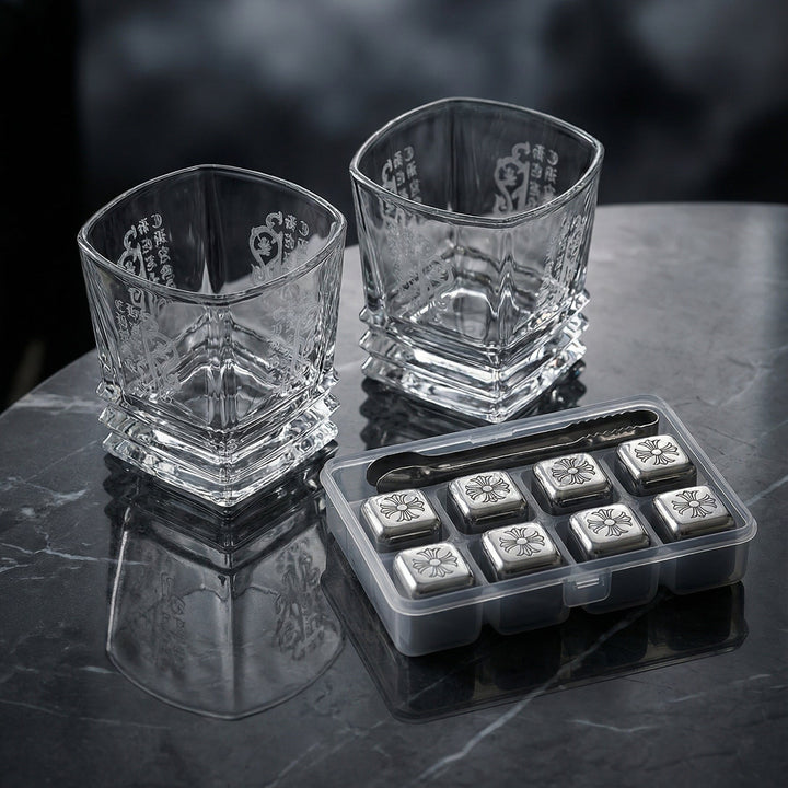 Luxury Midnight Manor whiskey gift set with two 300ml gothic glasses and laser-etched stainless steel cooling cubes on a black marble surface