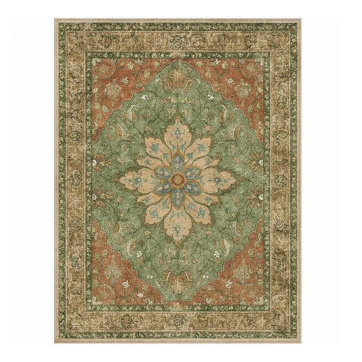 Amira Persian Style Rug in Terracotta and Green – Low-Pile and Machine Washable for Versatile Home Decor 0