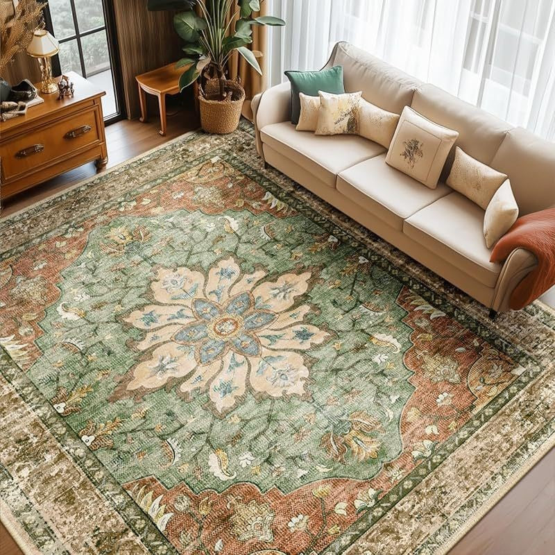 Amira Persian Style Rug in Terracotta and Green – Low-Pile and Machine Washable for Versatile Home Decor 1