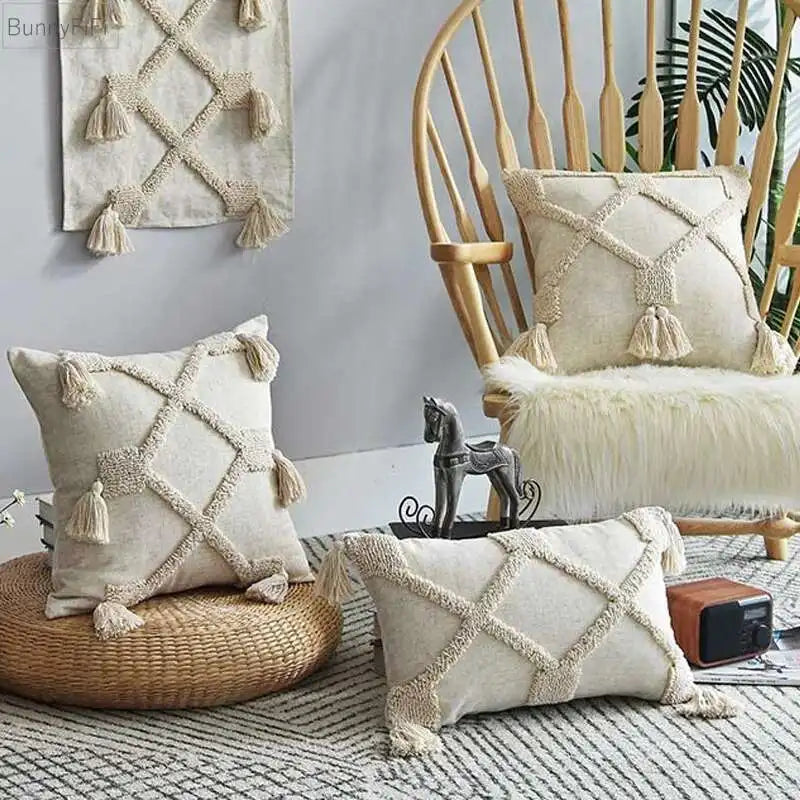 Boho Linen Cushion Cover with Tassels – Stylish Decor for Living Room or Bedroom 0