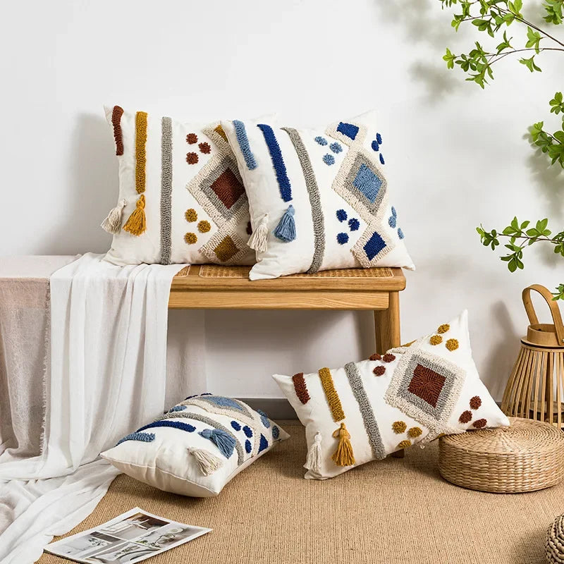 Boho Loop Tufted Cushion Cover – Handmade Cotton Canvas Pillow with Tassels for Home Decor 0