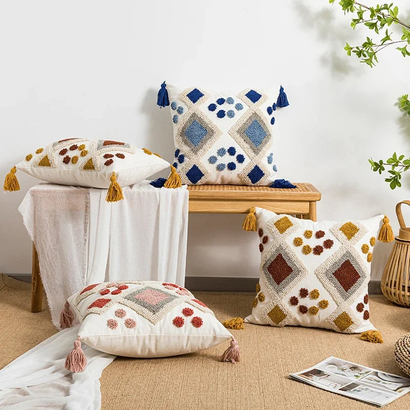 Boho Loop Tufted Cushion Cover – Handmade Cotton Canvas Pillow with Tassels for Home Decor 1
