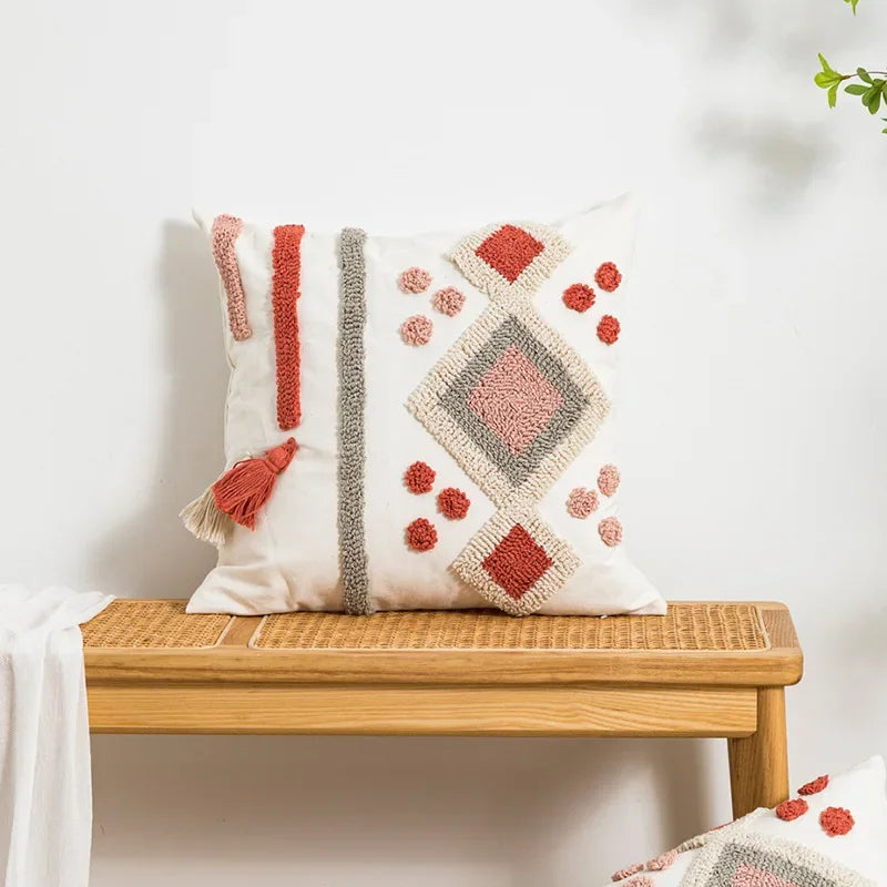 Boho Loop Tufted Cushion Cover – Handmade Cotton Canvas Pillow with Tassels for Home Decor 12