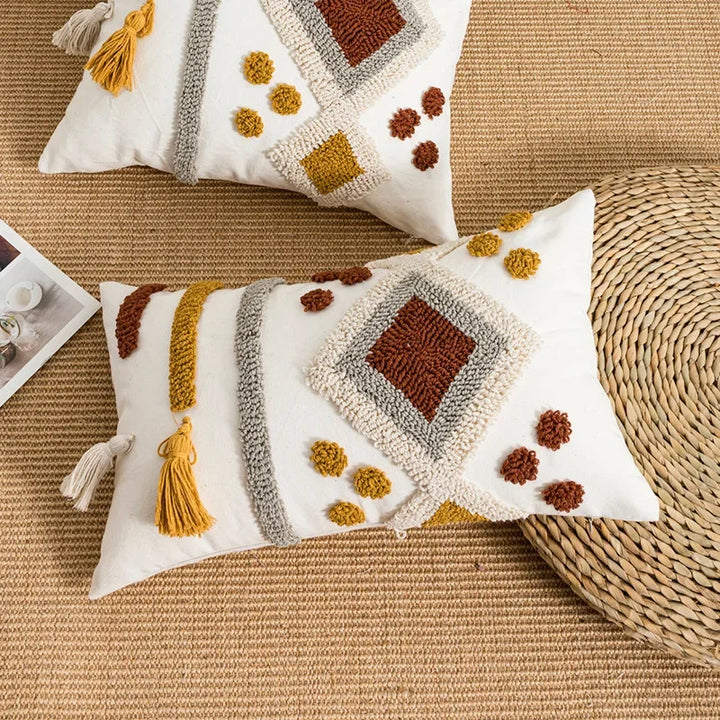Boho Loop Tufted Cushion Cover – Handmade Cotton Canvas Pillow with Tassels for Home Decor 14