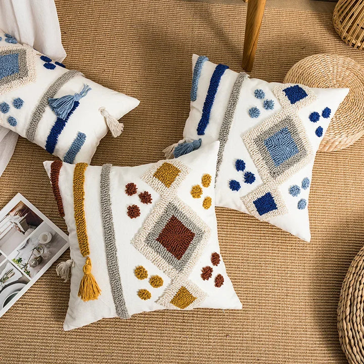 Boho Loop Tufted Cushion Cover – Handmade Cotton Canvas Pillow with Tassels for Home Decor 2