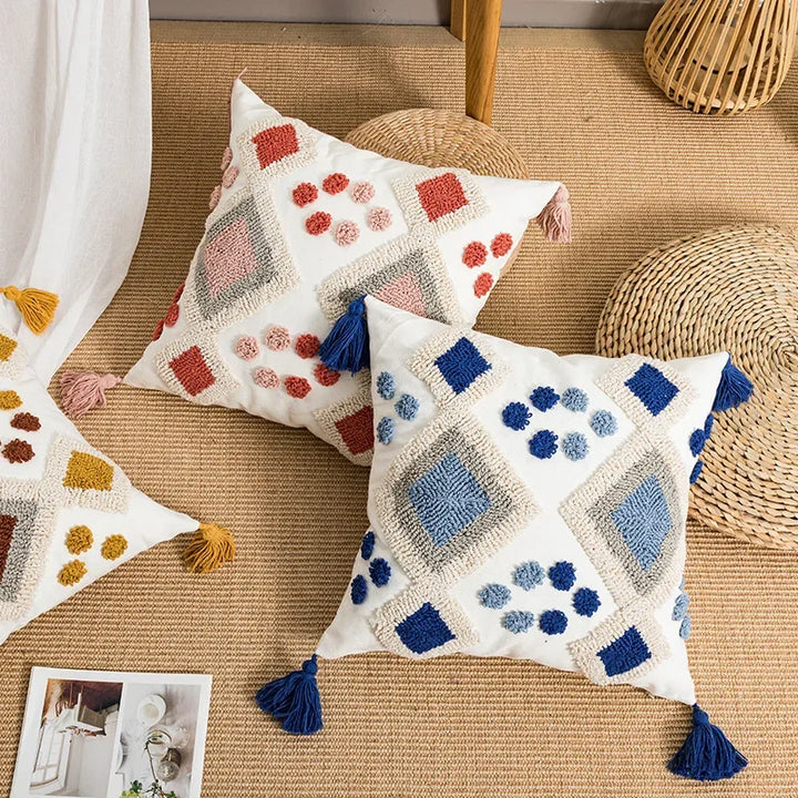 Boho Loop Tufted Cushion Cover – Handmade Cotton Canvas Pillow with Tassels for Home Decor 3