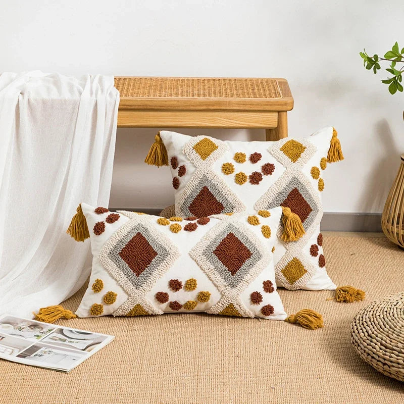 Boho Loop Tufted Cushion Cover – Handmade Cotton Canvas Pillow with Tassels for Home Decor 5
