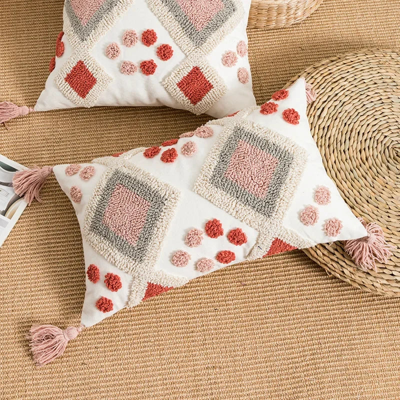 Boho Loop Tufted Cushion Cover – Handmade Cotton Canvas Pillow with Tassels for Home Decor 9