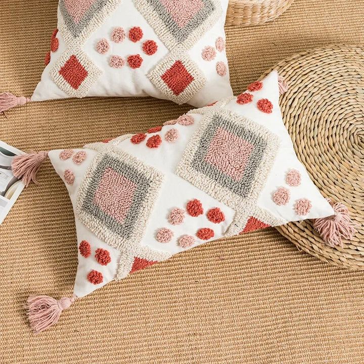 Boho Loop Tufted Cushion Cover – Handmade Cotton Canvas Pillow with Tassels for Home Decor 9