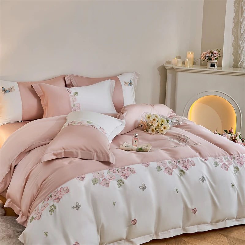 Butterfly Embroidery Bedding Set in Lyocell Cotton – Elegant Duvet Covers for Queen or King Size Beds 0