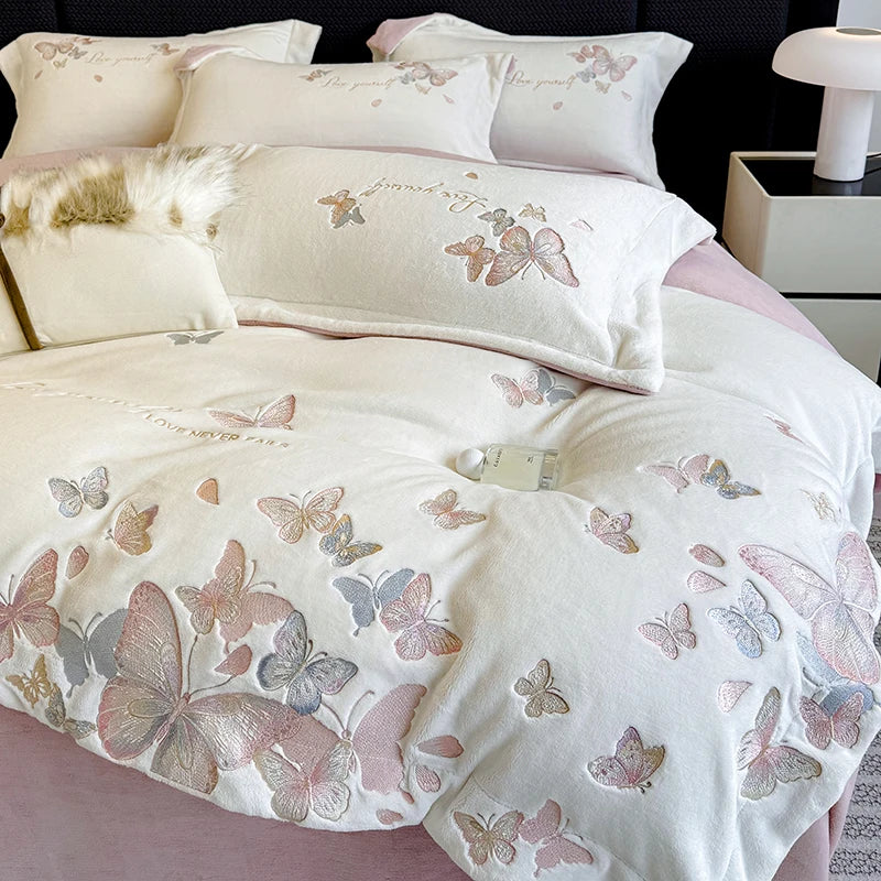 Butterfly Embroidery Velvet Bedding Set – Cozy Duvet Covers and Sheets for Winter Comfort 0