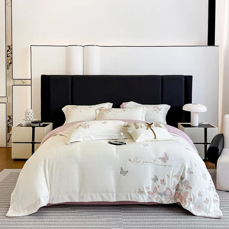 Butterfly Embroidery Velvet Bedding Set – Cozy Duvet Covers and Sheets for Winter Comfort 2