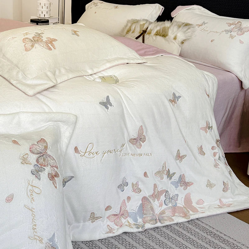 Butterfly Embroidery Velvet Bedding Set – Cozy Duvet Covers and Sheets for Winter Comfort 3