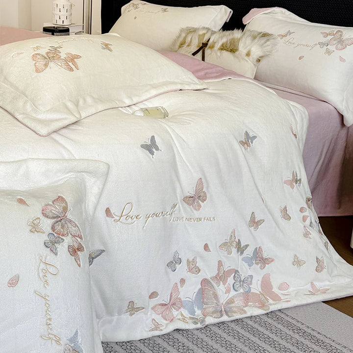 Butterfly Embroidery Velvet Bedding Set – Cozy Duvet Covers and Sheets for Winter Comfort 3