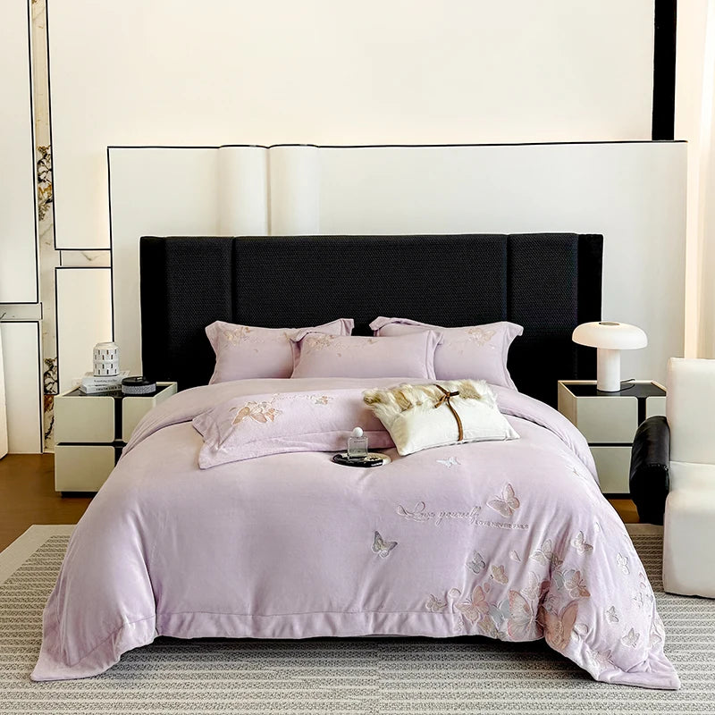 Butterfly Embroidery Velvet Bedding Set – Cozy Duvet Covers and Sheets for Winter Comfort 6