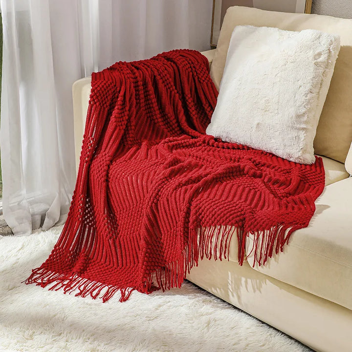Chunky Knitted Blanket with Tassels – Cozy Acrylic Throw for Bed or Sofa 12