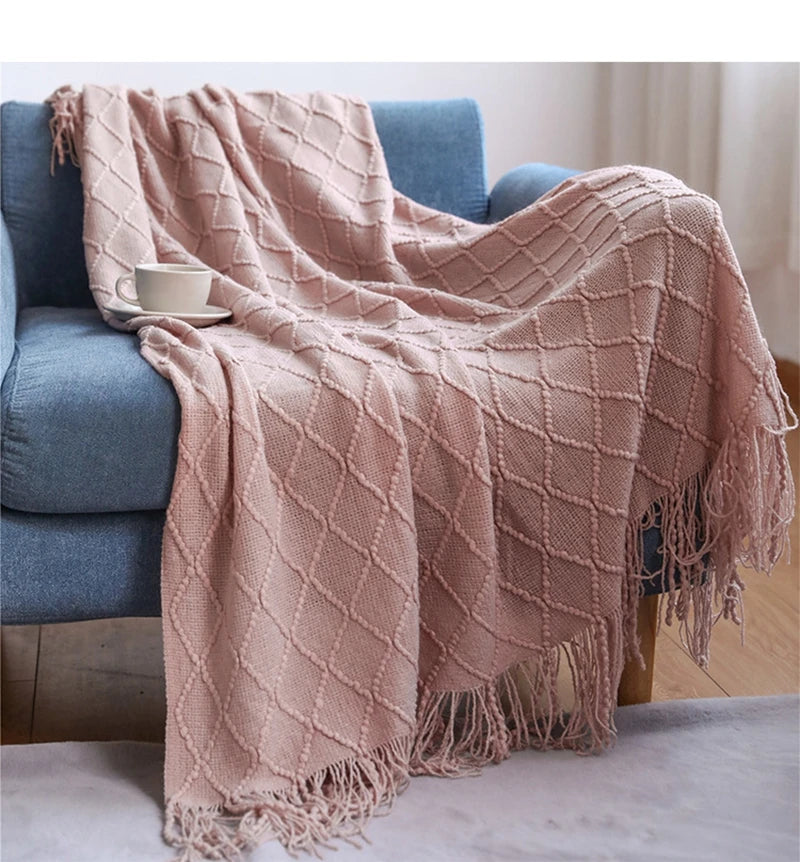 Chunky Knitted Blanket with Tassels – Cozy Acrylic Throw for Bed or Sofa 19