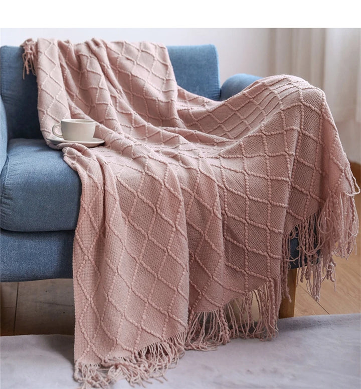Chunky Knitted Blanket with Tassels – Cozy Acrylic Throw for Bed or Sofa 19