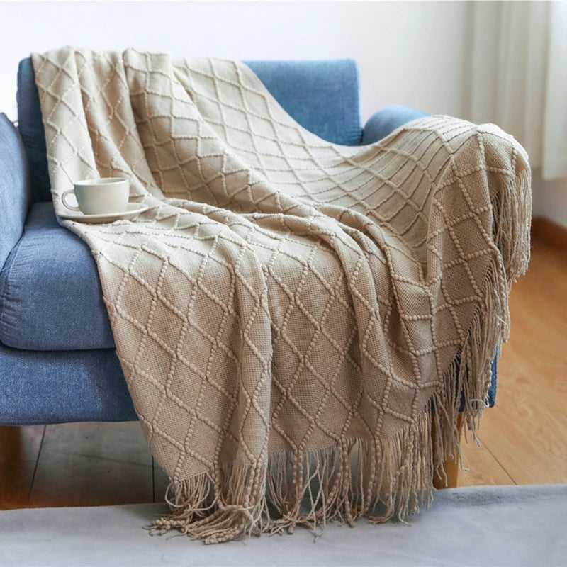 Chunky Knitted Blanket with Tassels – Cozy Acrylic Throw for Bed or Sofa 21