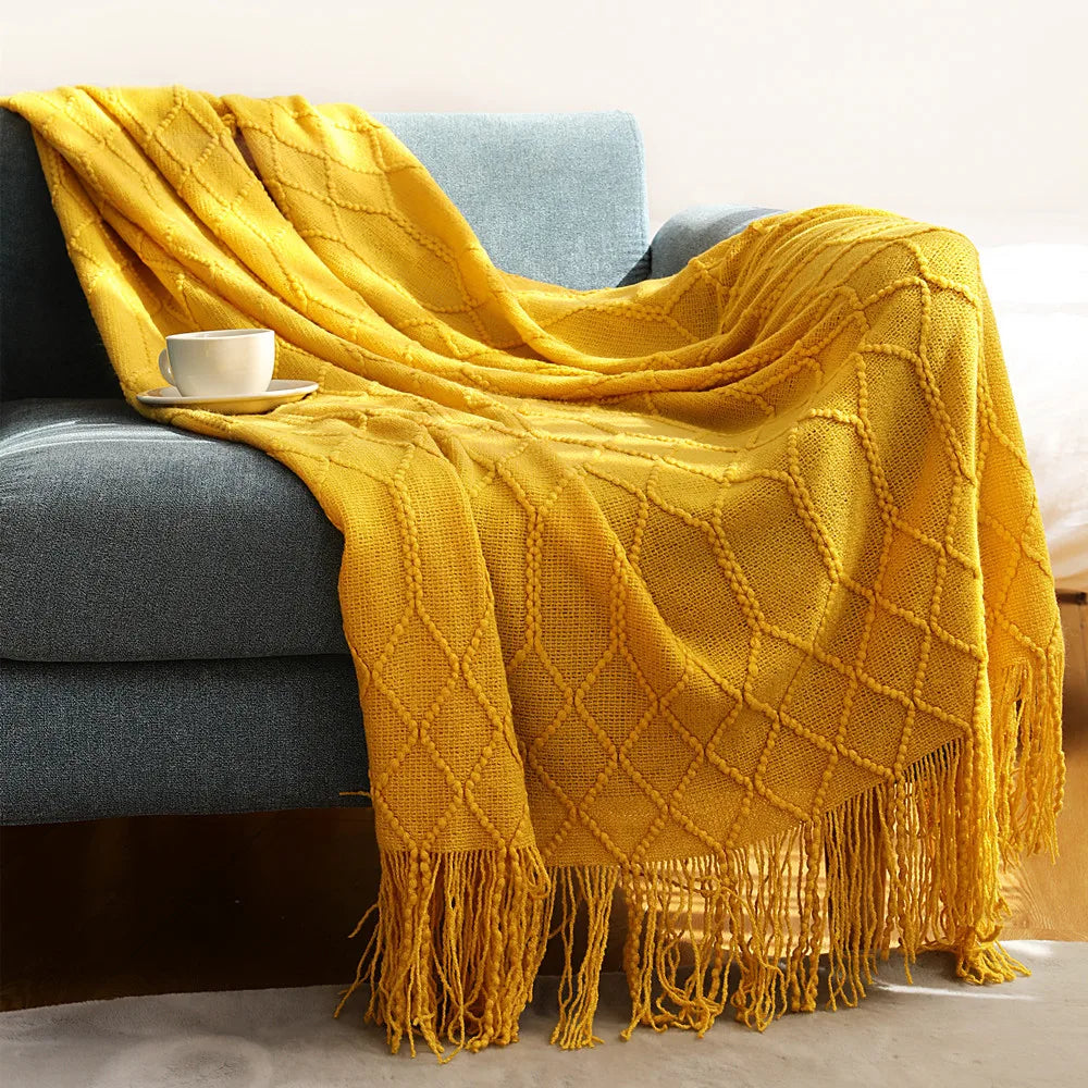 Chunky Knitted Blanket with Tassels – Cozy Acrylic Throw for Bed or Sofa 22