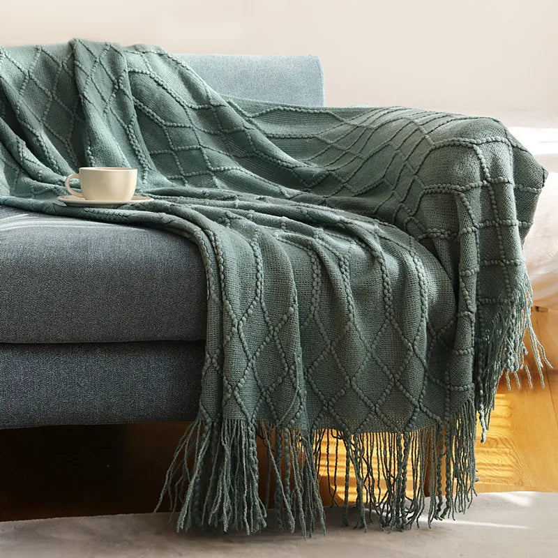 Chunky Knitted Blanket with Tassels – Cozy Acrylic Throw for Bed or Sofa 24
