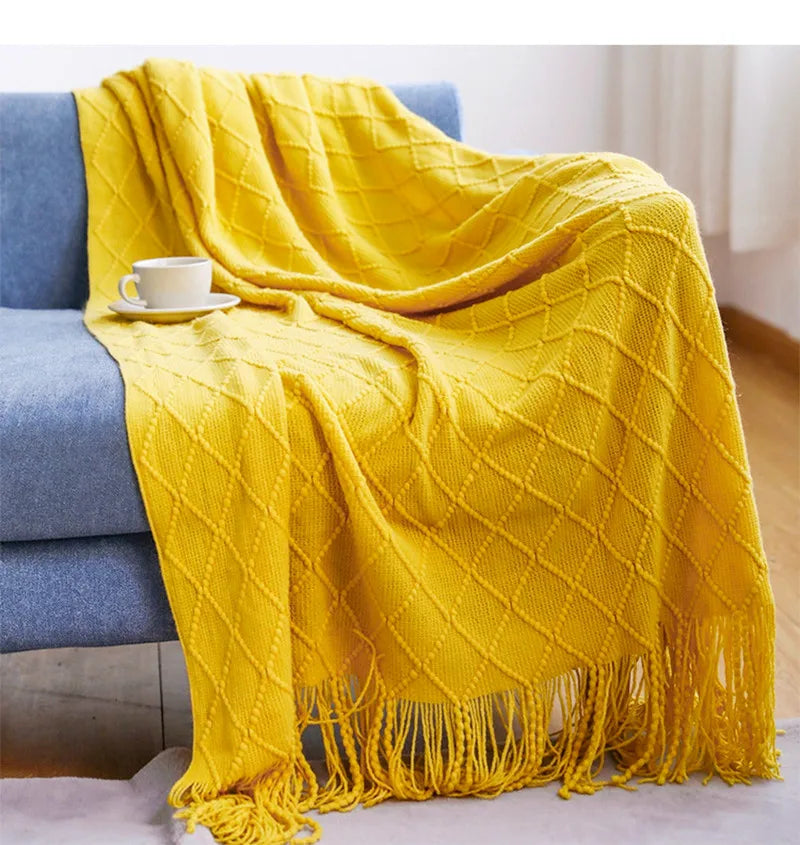 Chunky Knitted Blanket with Tassels – Cozy Acrylic Throw for Bed or Sofa 26