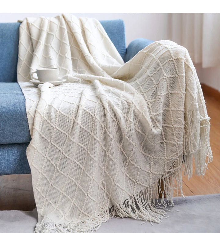 Chunky Knitted Blanket with Tassels – Cozy Acrylic Throw for Bed or Sofa 29