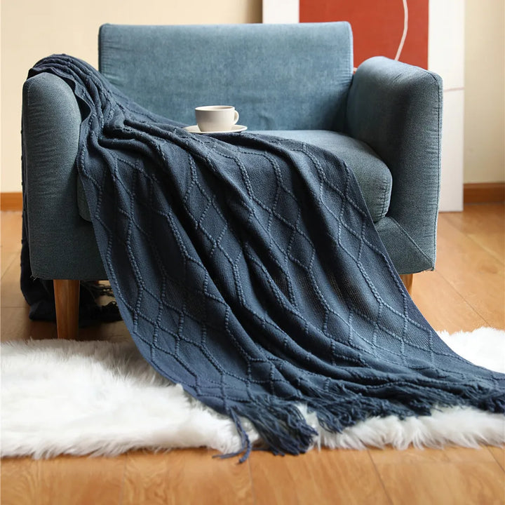 Chunky Knitted Blanket with Tassels – Cozy Acrylic Throw for Bed or Sofa 32
