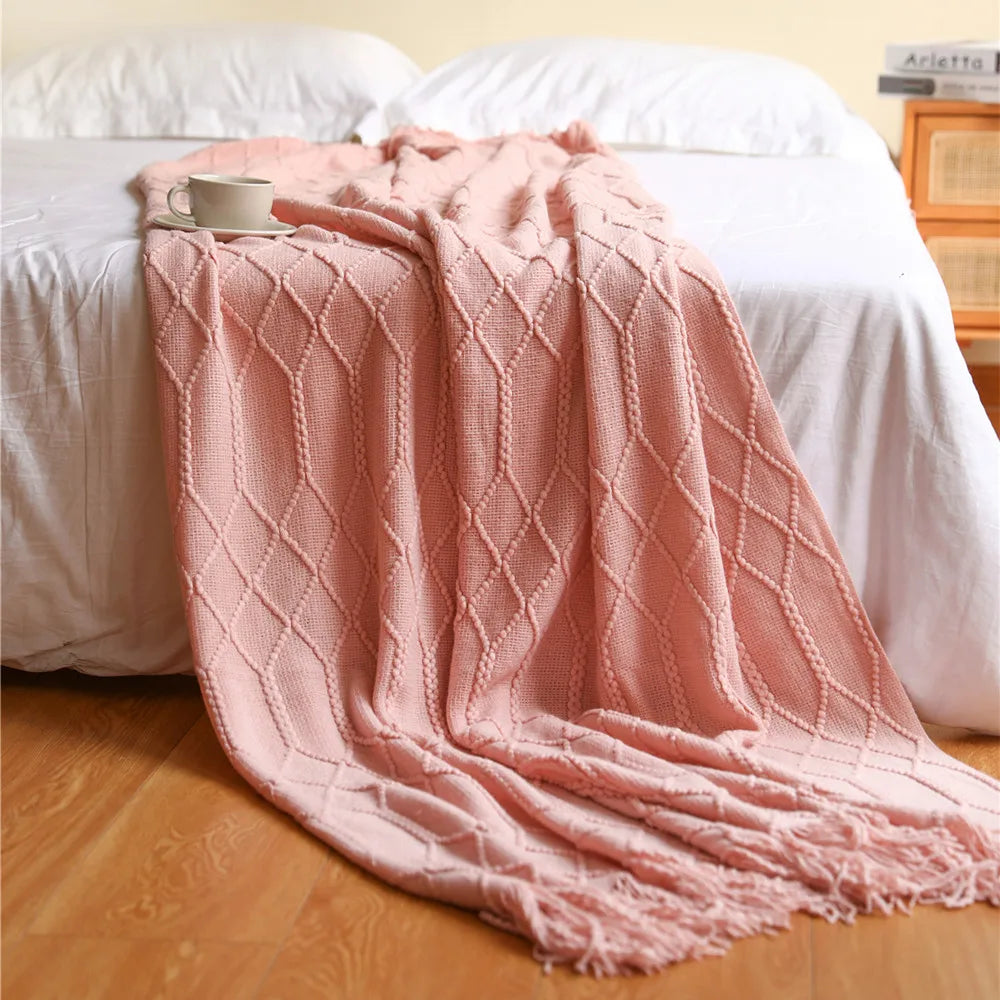 Chunky Knitted Blanket with Tassels – Cozy Acrylic Throw for Bed or Sofa 6