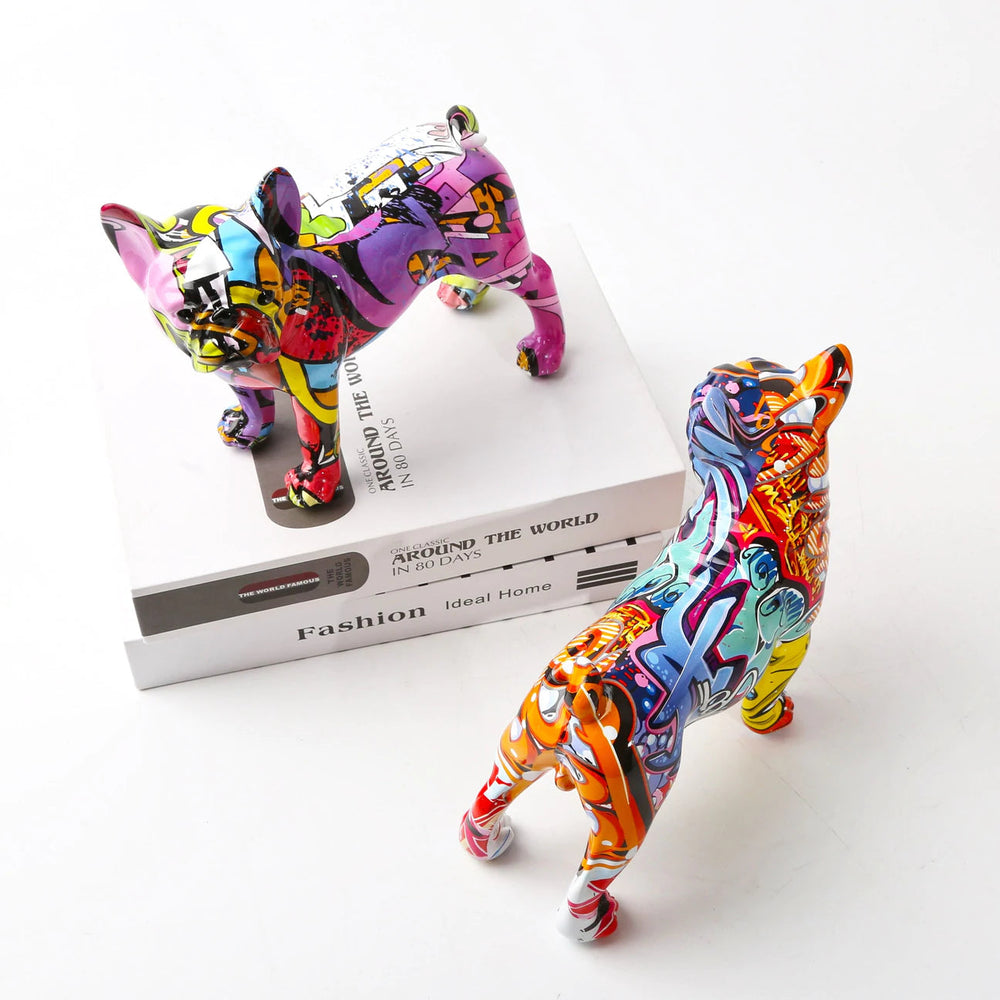 Colorful Graffiti Painted French Bulldog Statue – Unique Home Decor Accent for Pet Lovers 3