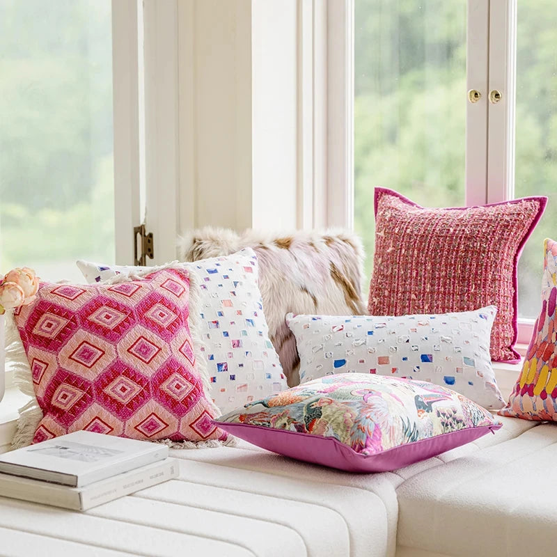 Decorative Pink Jacquard Pillow Cover – Stylish Cushion Cover for Living Room or Car 1