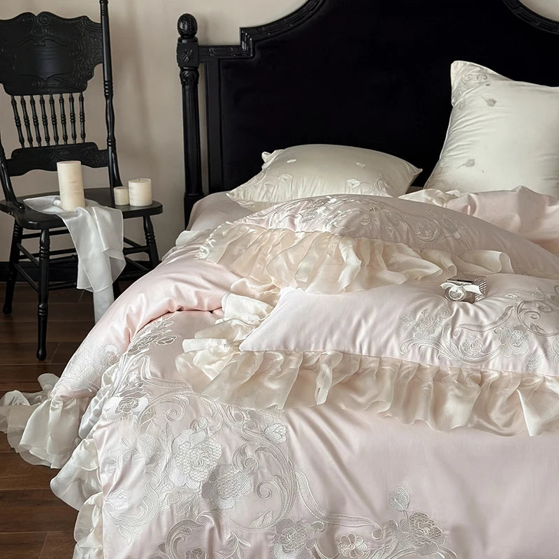 Egyptian Cotton Bedding Set with Floral Embroidery – Includes Duvet Cover, Bed Sheet, and Pillowcases for Luxurious Comfort 5