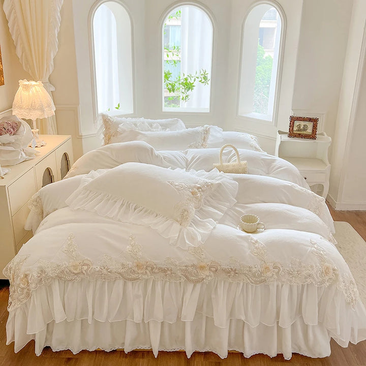 Elegant Lace Rose Embroidery Bedding Set – Soft Velvet Duvet Cover with Ruffles for Luxurious Bedroom Decor 0