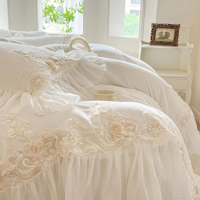 Elegant Lace Rose Embroidery Bedding Set – Soft Velvet Duvet Cover with Ruffles for Luxurious Bedroom Decor 1