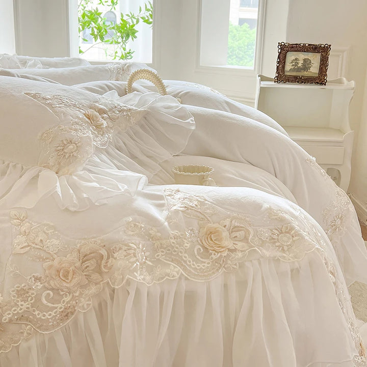 Elegant Lace Rose Embroidery Bedding Set – Soft Velvet Duvet Cover with Ruffles for Luxurious Bedroom Decor 1