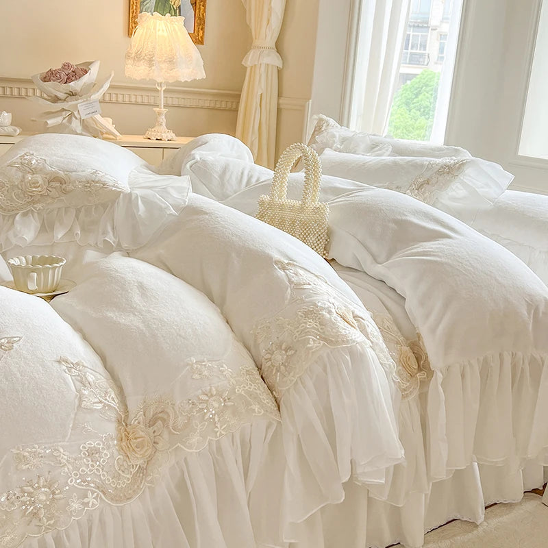 Elegant Lace Rose Embroidery Bedding Set – Soft Velvet Duvet Cover with Ruffles for Luxurious Bedroom Decor 2