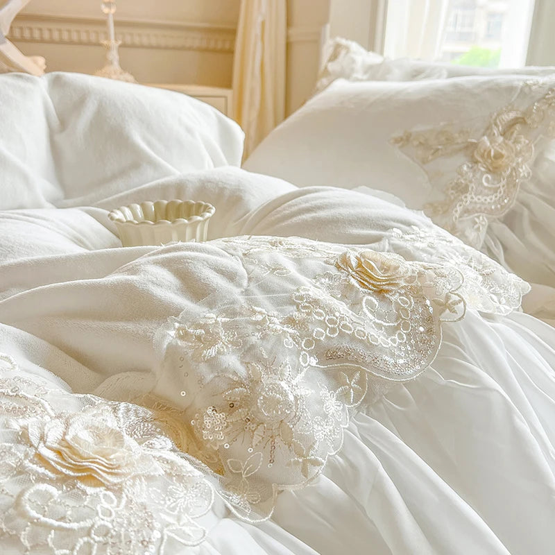 Elegant Lace Rose Embroidery Bedding Set – Soft Velvet Duvet Cover with Ruffles for Luxurious Bedroom Decor 3
