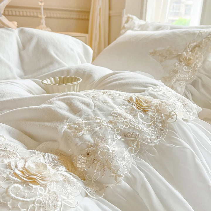 Elegant Lace Rose Embroidery Bedding Set – Soft Velvet Duvet Cover with Ruffles for Luxurious Bedroom Decor 3