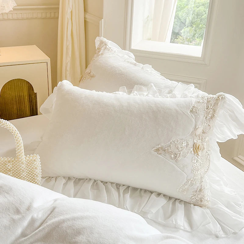 Elegant Lace Rose Embroidery Bedding Set – Soft Velvet Duvet Cover with Ruffles for Luxurious Bedroom Decor 4