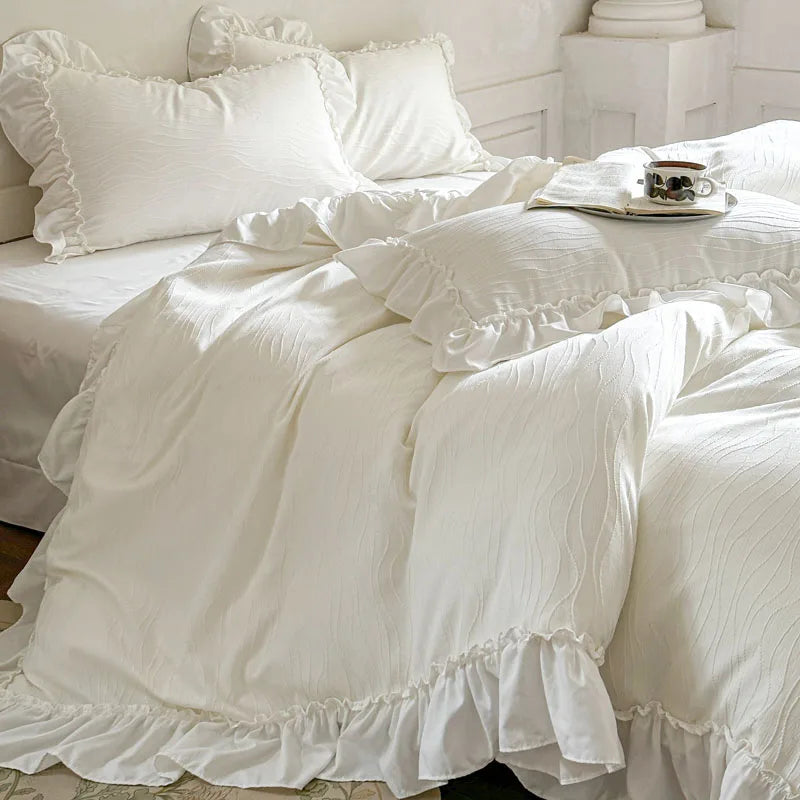 Elegant Lace Ruffles Wedding Bedding Set – Soft Washed Cotton Duvet Cover and Sheet for Romantic Bedroom Decor 0