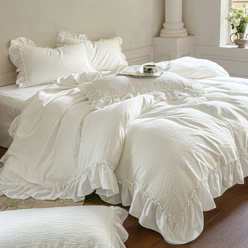 Elegant Lace Ruffles Wedding Bedding Set – Soft Washed Cotton Duvet Cover and Sheet for Romantic Bedroom Decor 2