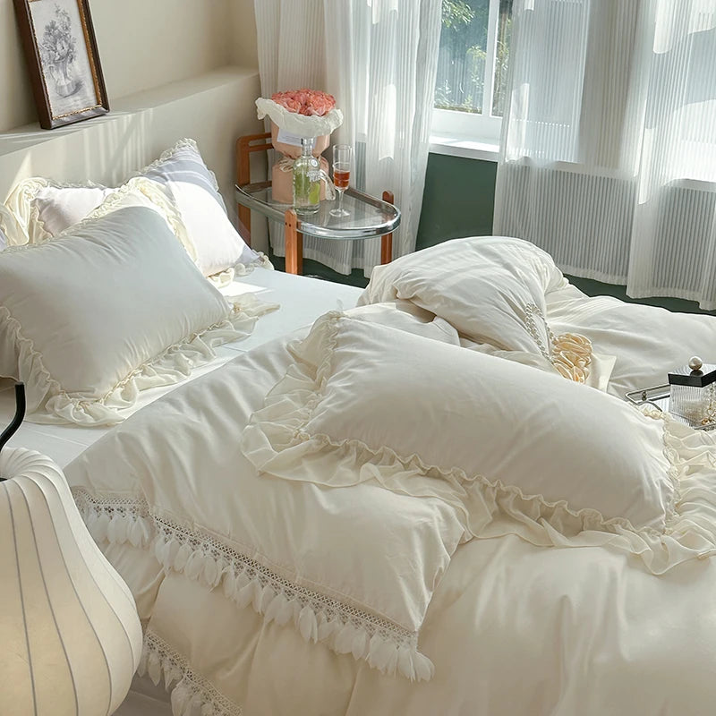 Elegant Princess Bedding Set with Lace Ruffles – Luxurious 1000TC Egyptian Cotton Duvet Covers for Dreamy Bedroom Decor 0