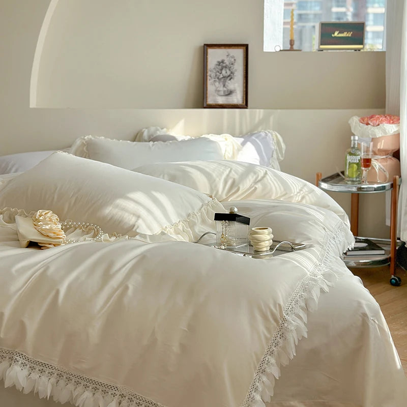 Elegant Princess Bedding Set with Lace Ruffles – Luxurious 1000TC Egyptian Cotton Duvet Covers for Dreamy Bedroom Decor 1